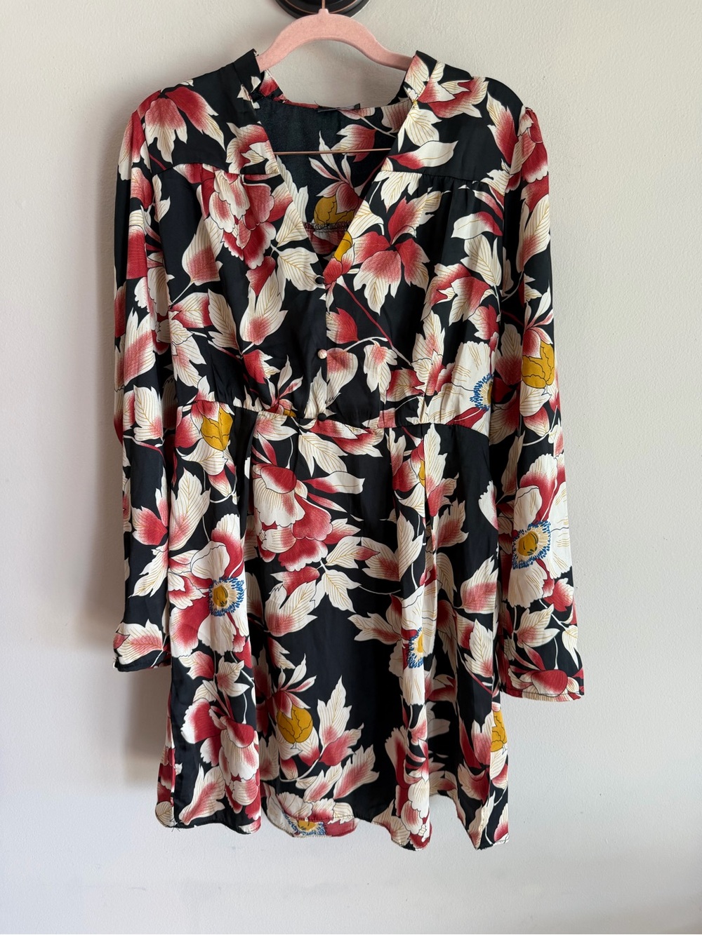 Floral V-Neck Long Sleeve Dress - Black with Red & Cream Flowers